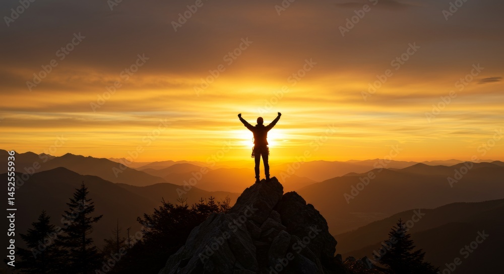 Silhouette of a climber celebrating atop a mountain at sunset Silhouette of a climber celebrating atop a mountain at sunset