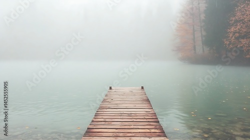 Wooden Pier Extending into a Foggy Lake