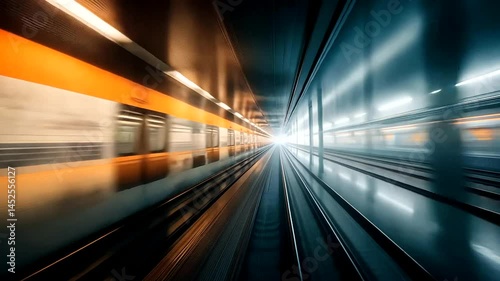 A fast-moving subway train hurtles through a tunnel