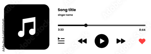 Audio player UI in horizontal layout with song photo, playback controls, loading bar, and waveform, designed as a clean vector illustration on white background for modern music apps.