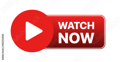 Watch now buttons and video play symbols for media player UI, including watch video now icons, play video buttons, and viewing interface elements. Vector illustration for digital platforms.
