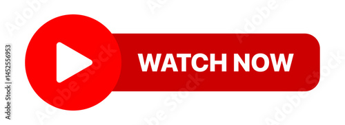 Watch now buttons and video play symbols for media player UI, including watch video now icons, play video buttons, and viewing interface elements. Vector illustration for digital platforms.