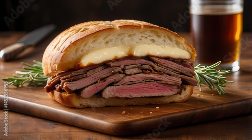 Artisanal Roast Beef Ciabatta Sandwich with Fresh Herbs - Gourmet Food Photography in Rustic Setting