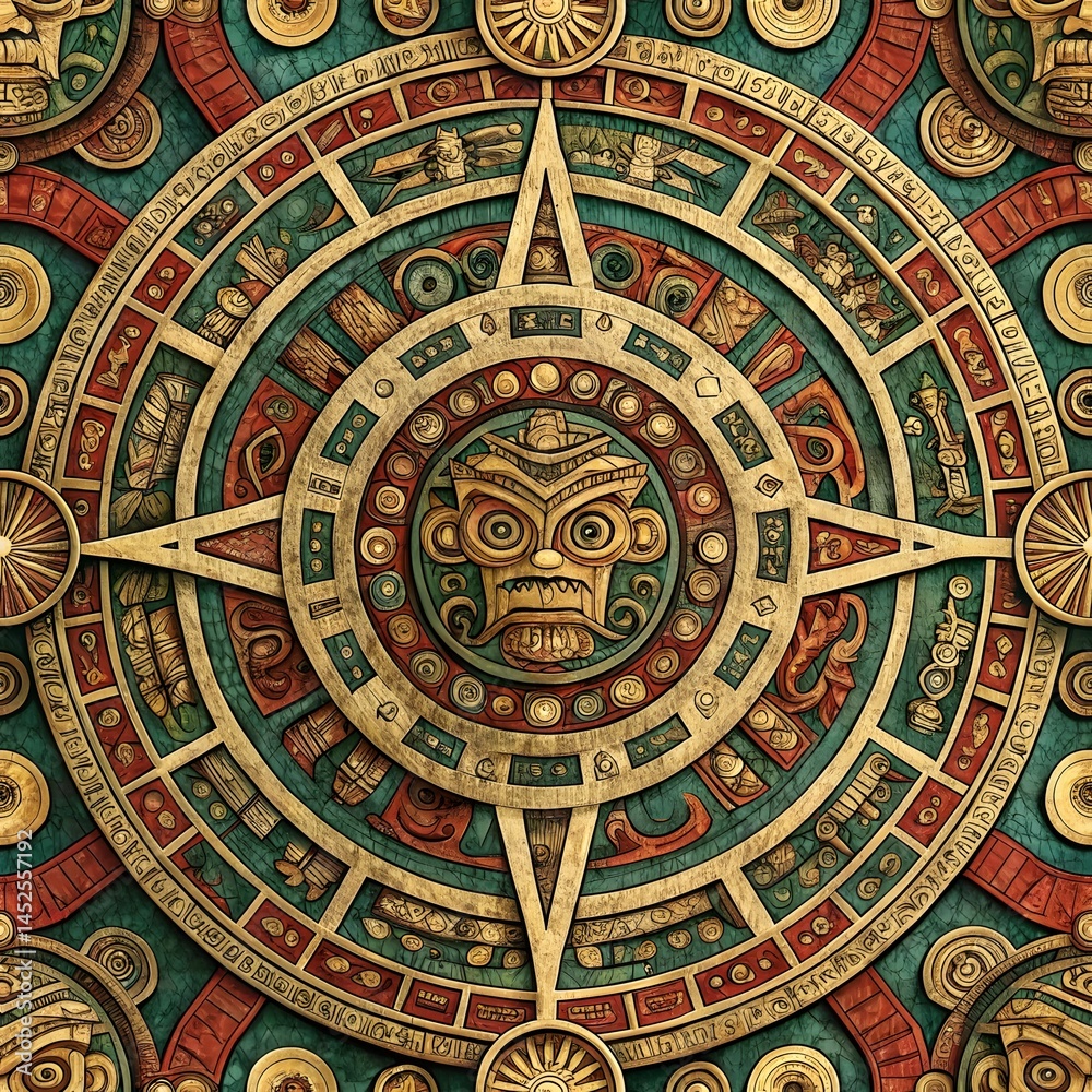 Obraz premium Intricate Aztec Calendar, a mesmerizing circular design featuring a central deity mask surrounded by symbolic glyphs and intricate patterns. Rich colors and textures evoke ancient artistry.