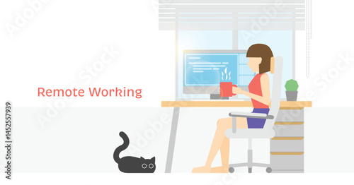Remote Working Woman with Computer Desktop and Cat at Home Office