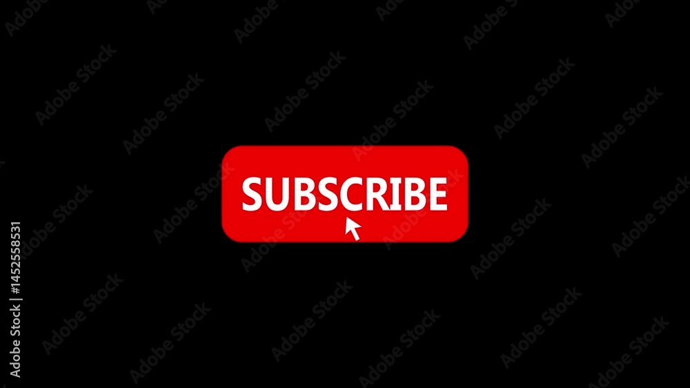 Click on subscribe button pressed with arrow cursor, animation on black background.