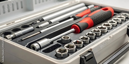 Neatly arranged tools in a compact toolbox, ready for any task. Precision screwdrivers and sockets are organized, showcasing meticulous care. photo