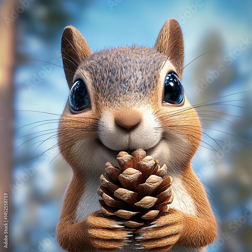 Adorable Cartoon Squirrel Holding Pine Cone in Soft Lit Forest Setting