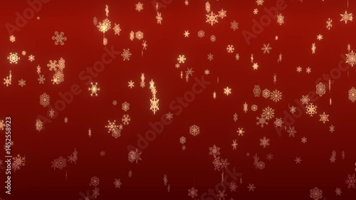 Geometric snowflakes falling on red festive background 3D animation. Can be used in holiday greeting visuals, winter motion graphics or christmas themed decoration scenes
