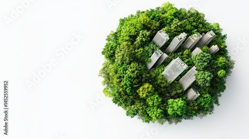 Aerial view of urban buildings surrounded by lush greenery, symbolizing nature and development