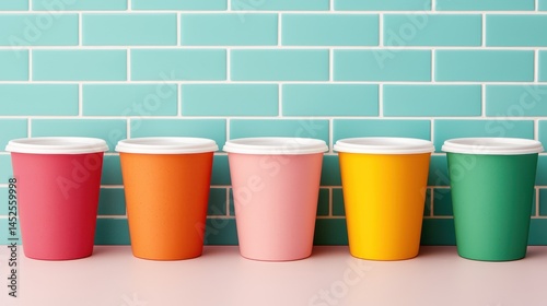 Colorful Disposable Cups on Stylish Turquoise Subway Tile Background