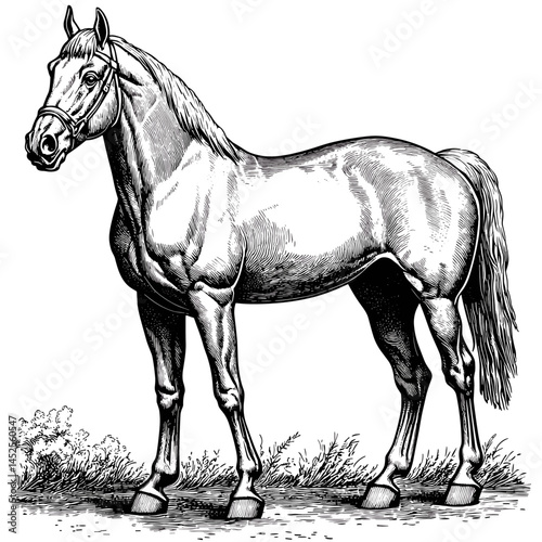 Horse vintage sketch, woodcut engraving vector, old-style equestrian art, black hand-drawn ink, rustic animal design, traditional horse drawing, antique illustration