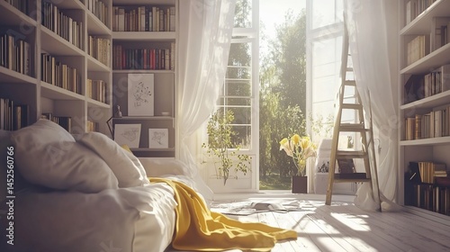 Sunlit Bedroom Sanctuary: A Haven of Books and Tranquility