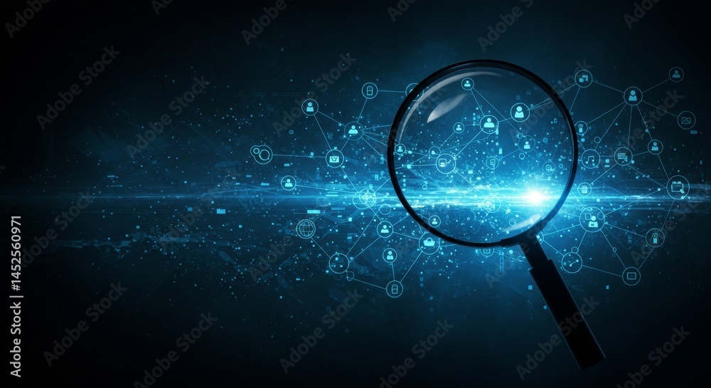 Fototapeta premium Futuristic digital background with magnifying glass and glowing network