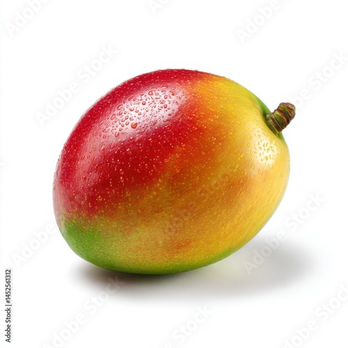 Ripe mango with water droplets on white background