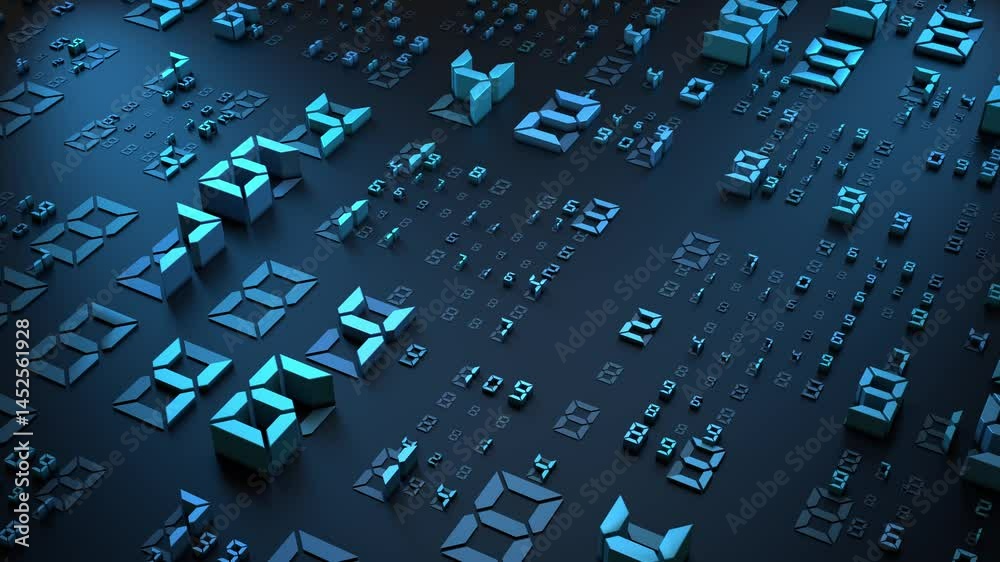 Digital clock numbers with 3D seven-segment structure and futuristic interface design 3D animation. Can be used in cybersecurity systems, stock market visualizations or modern data-driven UI concepts
