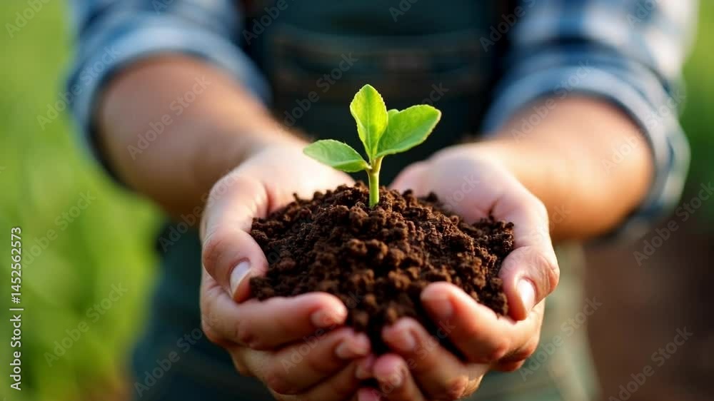 Hands holding young plant sprouting from soil close-up, New life growing in soil with lush green natural background
