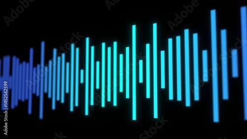 Digital audio equalizer with neon frequency bars 3D representation. Can be used in music production visuals, podcast backgrounds or sound engineering interfaces