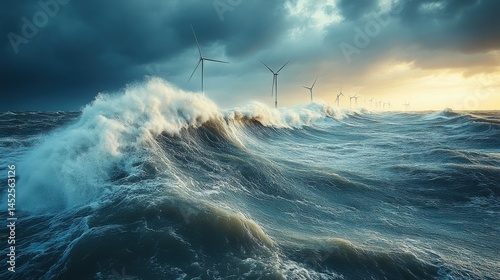 Dramatic ocean waves crashing against the shore with wind turbines in the background at sunset