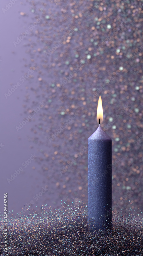 Purple candle flame glows against blurred purple glitter background, showcasing serenity and calmness, ideal for relaxation or spiritual themes Purple candle flame glows against blurred purple glitter background, showcasing serenity and calmness, ideal for relaxation or spiritual themes