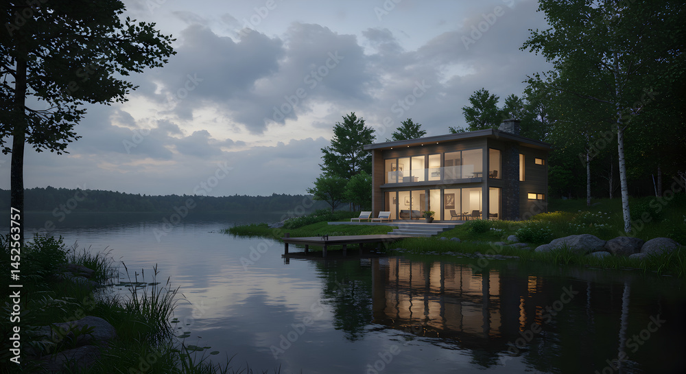 Obraz premium Modern Lakeside Retreat Home at Twilight with Peaceful Reflections