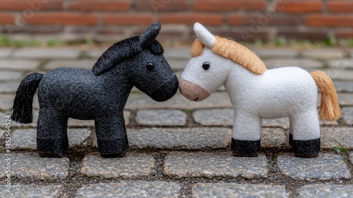 Black and White Plush Toy Horses on Cobblestone