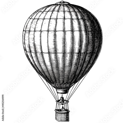 Hot air balloon vector, vintage black sketch, woodcut engraving, retro travel illustration, steampunk balloon artwork, old flying machine, antique airship, historic aviation,