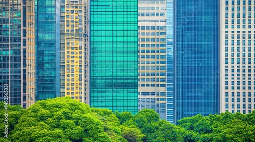 A vibrant cityscape showcasing modern skyscrapers with lush greenery in the foreground