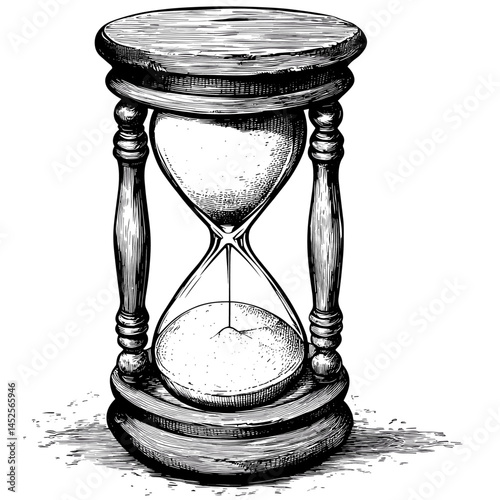 Vintage hourglass, woodcut style vector, old engraving, black sketch, linocut texture, classic timepiece, antique sand clock, rustic style art, traditional ink drawing