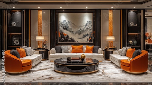 Modern luxurious living room with elegant furniture, warm lighting, and artistic decor