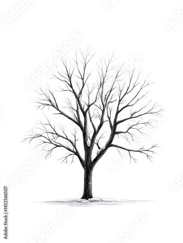 Bare Winter Tree Illustration - A detailed pencil sketch of a leafless tree against a white background, suggesting winter or dormancy