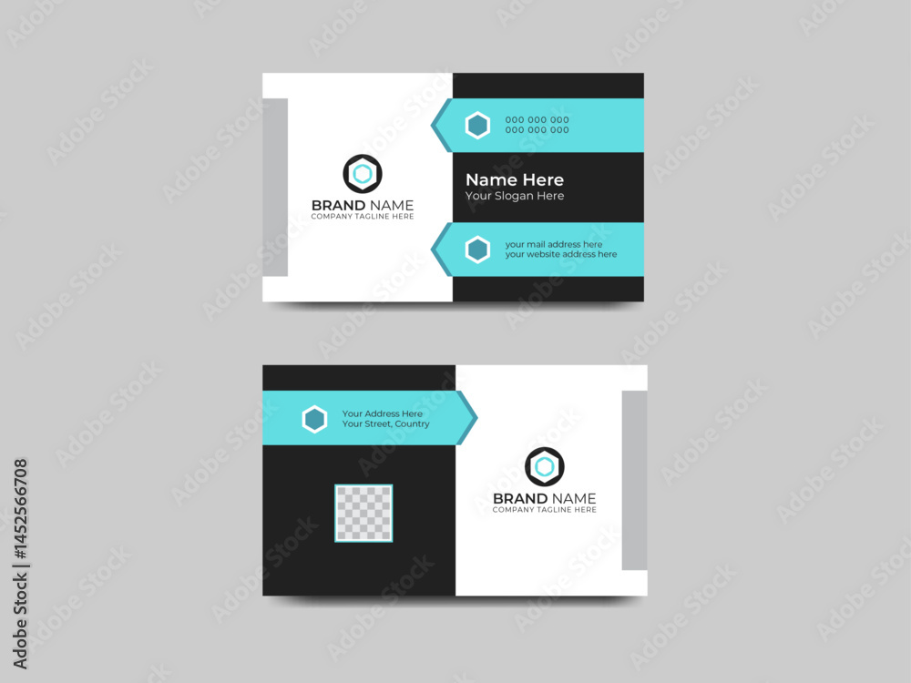 Fototapeta premium Modern Corporate Business Card Design Double-sided Vector templates in 4 Colors Abstract, Creative, and Business Card Design- Cyan, Teal, Gray & Black Horizontal Layout, Print ready