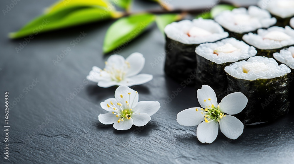 Delicious Sushi Rolls with Delicate Spring Blossoms Delicious Sushi Rolls with Delicate Spring Blossoms