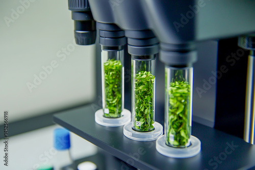 Modern microscope with test tubes containing green leaves in a laboratory for plant biology research and science study, a sustainable development concept. photo