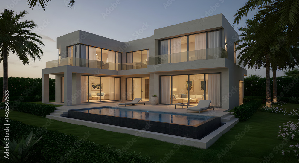 Exquisite Modern Villa At Dusk With Pool And Tropical Palm Trees Exquisite Modern Villa At Dusk With Pool And Tropical Palm Trees