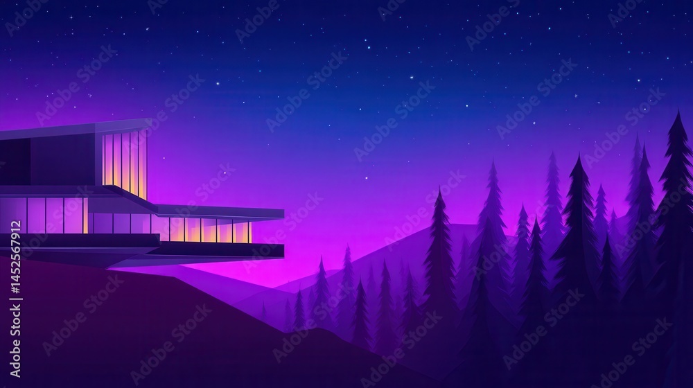Fototapeta premium Modern architectural design of a house against a starry night sky in a forested landscape