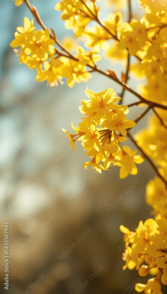 Photorealistic springtime scene featuring lush forsythia blossoms glowing in golden yellow with delicate white cores Photorealistic springtime scene featuring lush forsythia blossoms glowing in golden yellow with delicate white cores
