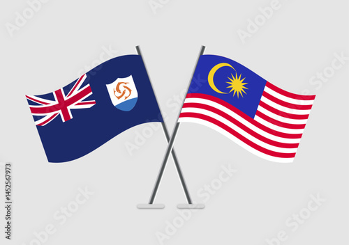 Anguilla and Malaysia vector flags with realistic flag motion
