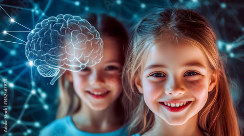 The concept of children's learning and development with the holographic brain. Two little girls smiling in the background with a glowing brain model and neural connections. photo