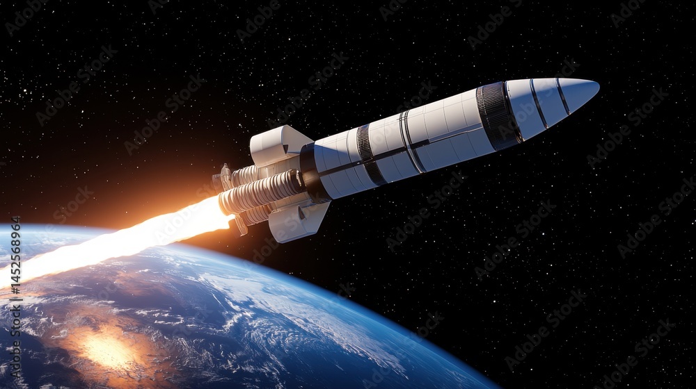 Fototapeta premium 3D Rendering Rocket launch Concept, Stunning 3D Visualization of a Rocket Entering Earth Orbit with Bright Flames and Stunning Cosmic Background