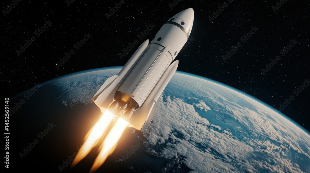 Fototapeta premium 3D Rendering Rocket launch Concept, 3D Visualization of Rocket Ascending into Orbit Above Earth with Clouds and Space Background