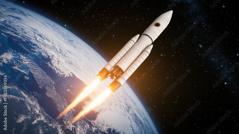 Fototapeta premium 3D Rendering Rocket launch Concept, 3D Visualization of Rocket Launching and Entering Orbit Above Earth with Bright Flames and Vast Space Background