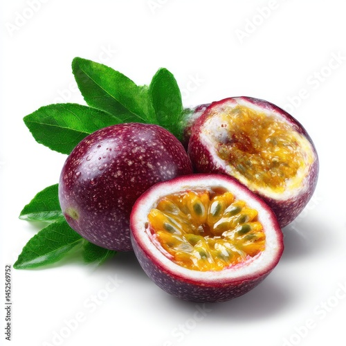 Passion fruit still life close up on white background