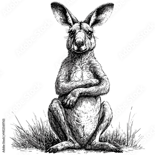 Kangaroo Straight Pose, Black Sketch, Vintage Hand Drawn Illustration, Old Engraving Art Style, Retro Wildlife Vector, Antique Animal Print, Nature Etching, Wildlife Poster