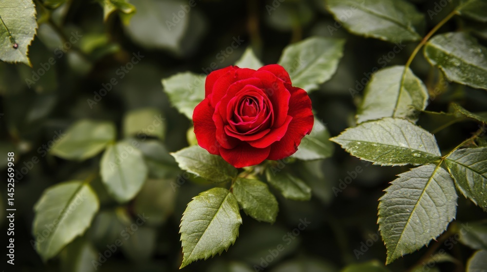 Fototapeta premium Single red rose surrounded by green leaves.