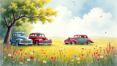 Nature's Charm: Vintage Vehicles in a Blossoming Landscape