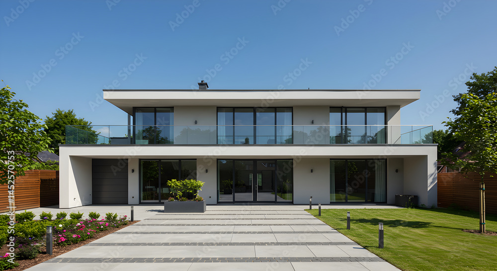 Fototapeta premium Stunning Modern Villa With Exquisite Landscaping On A Sunny Day