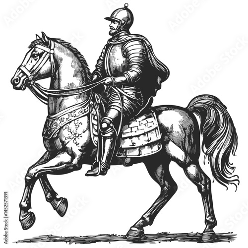 Vintage knight on horseback, woodcut engraving style vector, black sketch illustration, medieval armor warrior, old art style, etching drawing, hand drawn battle scene, gothic warrior,
