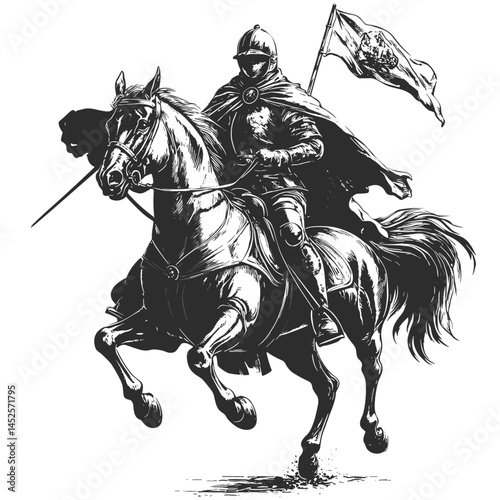 Medieval knight on horse, vintage black engraving vector, woodcut warrior sketch, traditional style illustration, retro ink drawing, ancient cavalry, armor design, gothic etching art,