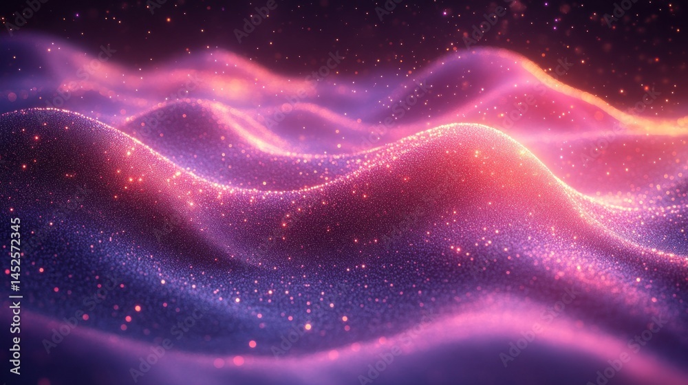 Abstract glowing particle waves in a cosmic landscape Abstract glowing particle waves in a cosmic landscape